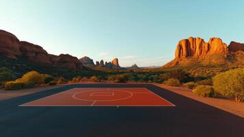 A basketball court in the desert with mountains in the background photo