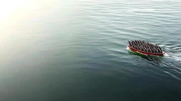 A boat with many sticks floating in the water photo