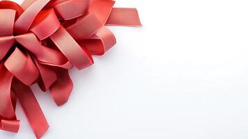 A red ribbon tied in a heart shape on a white surface photo
