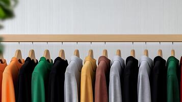 A rack of shirts hanging on a wooden hanger photo