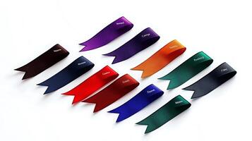 A group of six different colored ribbons on a white surface photo