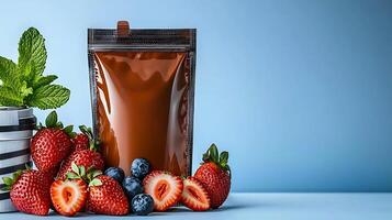 Chocolate and berries in a bag with a straw photo