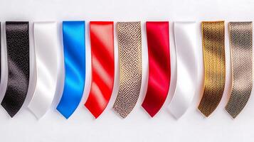 A row of different colored ribbons on a white background photo