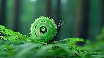 A green snail on top of a fern in the forest photo