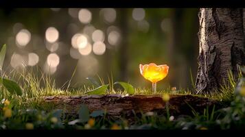 A small orange flower is sitting on a stump in the grass photo