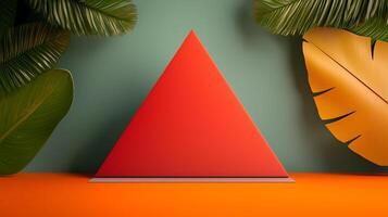 A red triangle with leaves and a green background photo