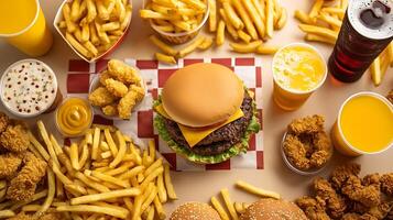 Fast food and drinks on a table photo