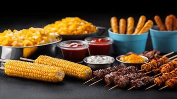 A variety of food items including corn, corn on the cob, and fries photo