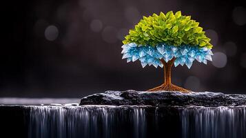 A tree with leaves growing out of it on top of a rock photo