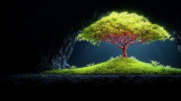 A tree is standing in a cave with grass and light coming from the entrance photo
