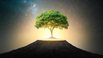 Tree on top of a mountain with a starry sky photo