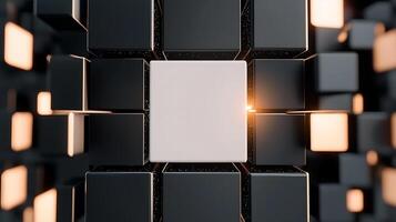 A square white card is surrounded by black cubes photo