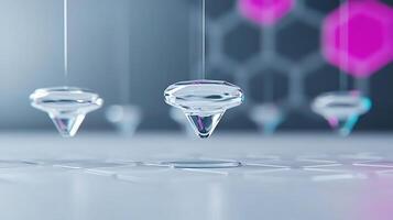 A group of small glass spheres hanging from strings photo