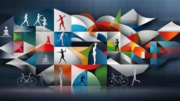 Abstract illustration of people and objects in a colorful pattern photo