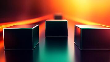 Three cubes are sitting on a table in front of a bright light photo