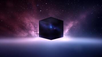 A cube with a purple background and stars photo