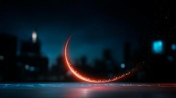 An abstract image of a crescent moon with a city in the background photo