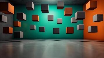 3d rendering of cubes floating in an empty room photo