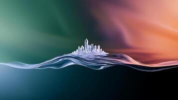 A city floating in the water with a wave photo
