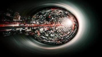 A city is seen in the middle of a tunnel photo