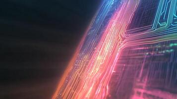 A computer circuit board with colorful lines photo