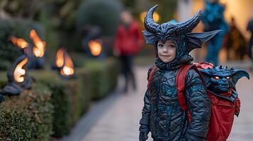 A child wearing a costume with horns and a backpack photo