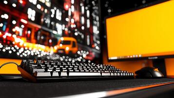 A keyboard and mouse on a desk photo