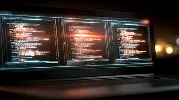 A laptop with code on it in front of a dark background photo