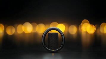 A black and gold ring sitting on a table photo