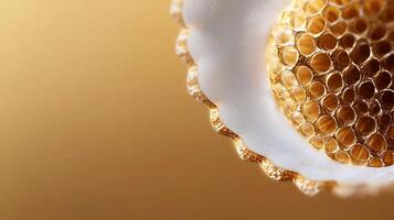 Close-up of a textured golden honeycomb structure with soft background lighting photo