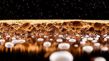 Close-up of a textured surface with bubbles and a golden layer, creating an abstract background photo