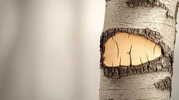 Close-up of a textured tree trunk displaying a unique bark pattern and a visible crack, with a soft background photo