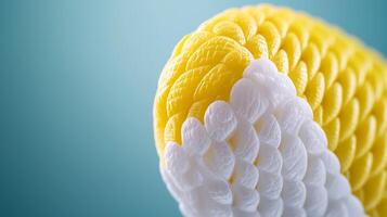 Close-up of a textured yellow and white object against a soft blue background, emphasizing detail photo