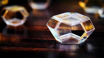 Close-up of a transparent geometric crystal on a wooden surface with soft lighting, showcasing reflections photo