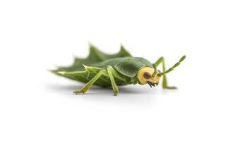Close-up of a unique green insect resembling a leaf, showcasing its detailed features against a white background photo