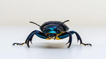 Close-up of a vibrant blue and yellow beetle showcasing intricate details on a neutral background photo