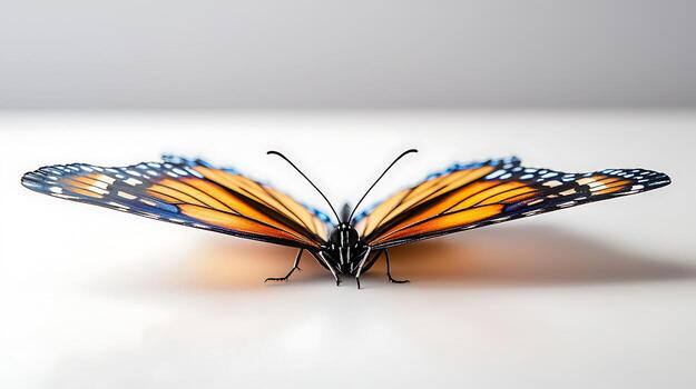 Close-up of a vibrant butterfly with open wings on a light background, showcasing intricate patterns photo