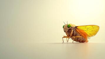 Close-up of a vibrant cicada with orange wings and green eyes on a minimalistic background photo