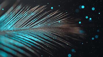 Close-up of a vibrant feather against a dark background with glowing particles, showcasing nature's beauty photo