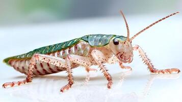 Close-up of a vibrant green and brown grasshopper perched on a smooth surface, showcasing intricate details photo