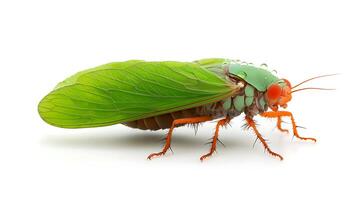 A green bug with orange legs and wings photo