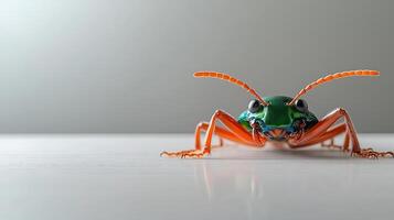 Close-up of a vibrant green and orange insect on a white surface with a blurred background photo