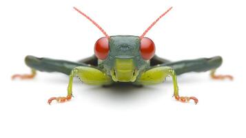 Close-up of a vibrant green grasshopper with striking red eyes on a white background, showcasing its intricate features photo