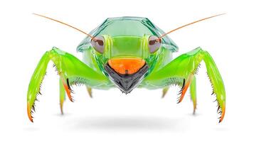 Close-up of a vibrant green insect with transparent body and striking features on a white background photo