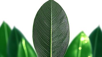 Close-up of a vibrant green leaf showcasing intricate veins against a blurred background of foliage photo