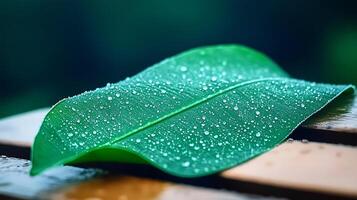 Close-up of a vibrant green leaf with water droplets resting on a wooden surface in nature photo