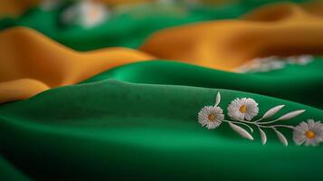 A close up of a green and yellow flag with white flowers photo