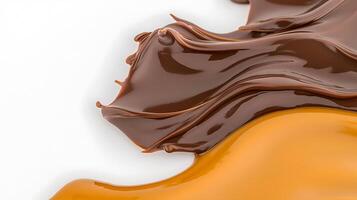 A close up of chocolate and caramel on a white surface photo