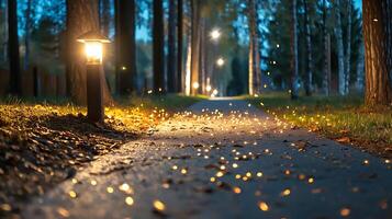 A path lined with trees and lights at night photo