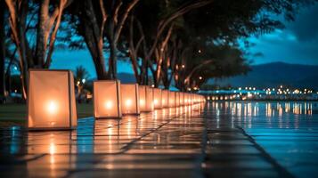 A row of lit lanterns on a walkway photo